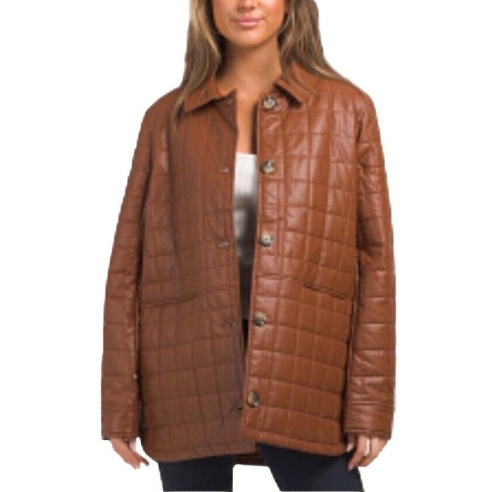 SAM EDELMAN Womens Box Quilted Faux‎ Leather Jacket Brown Size XL Mob Wife NWT